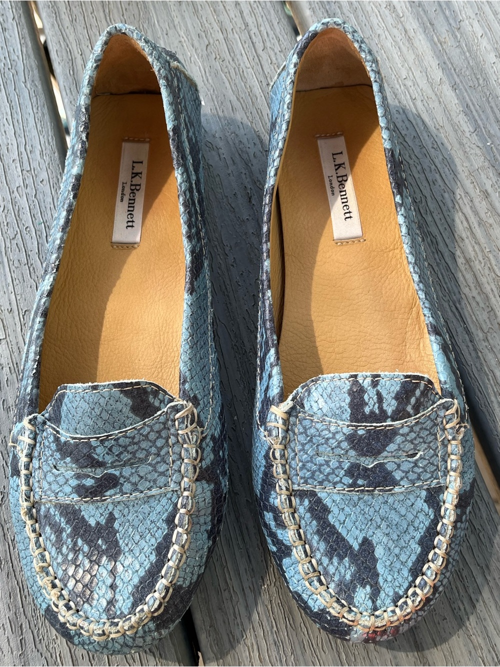 LK Bennett Blue Snakeskin Driving Penny Loafers 38